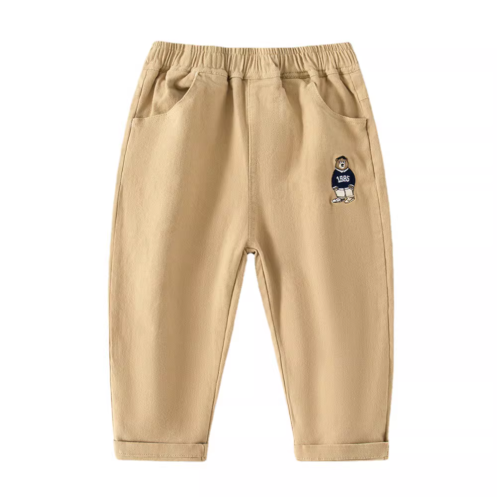 Quần thường ngày cho bé trai thêu hình gấu, trang phục mùa xuân hoạt hình, phong cách Hàn Quốc, dáng rộng cho bé, quần trẻ em xuân thu, quần dài hợp thời trang.