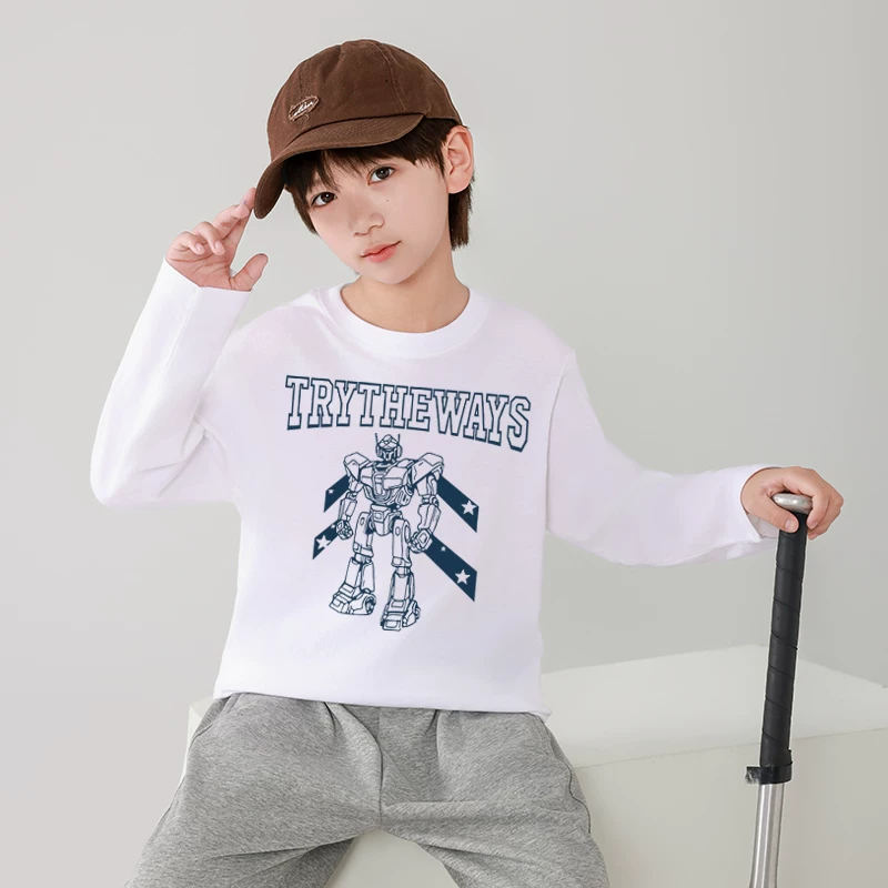 Áo thun cotton dài tay hợp thời trang cho bé trai, áo lót bé trai, phong cách xuân thu, áo trắng cho bé trai lớn, quần áo trẻ em.