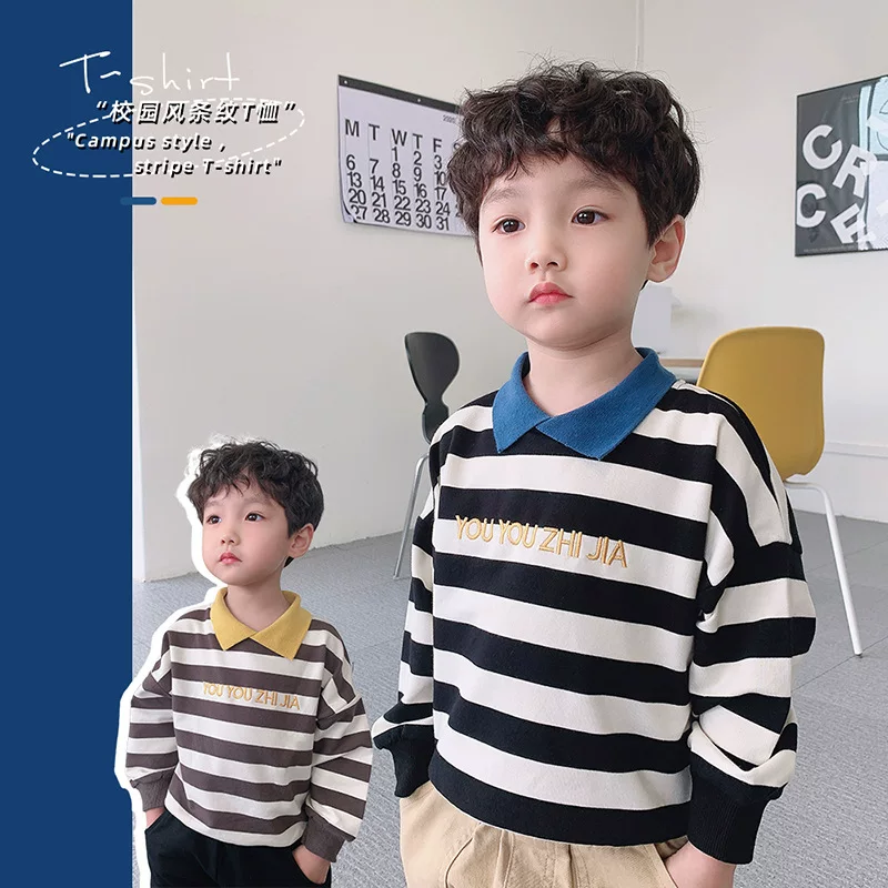 Áo thun polo bé trai áo thun chui đầu phong cách Hàn Quốc phong cách mùa xuân thu có lót lông cừu áo dài tay sọc trẻ em