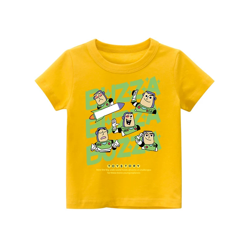 Áo thun bé trai 100% cotton nguyên chất, tay ngắn, mẫu hè 2025 mới, họa tiết hoạt hình Buzz Lightyear, áo lót trẻ em thời trang