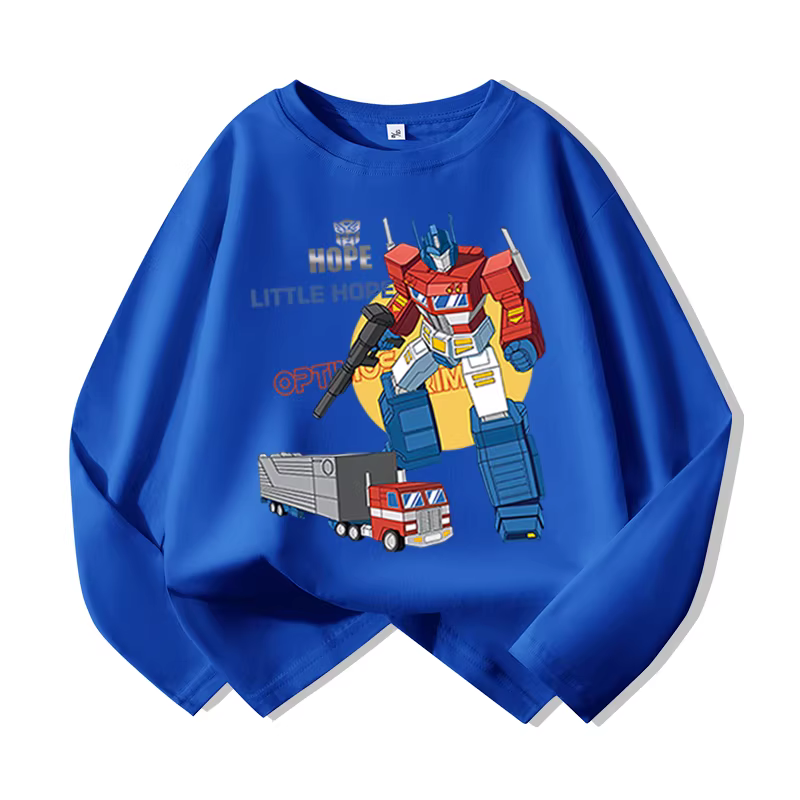 Áo thun dài tay thời trang, chất liệu cotton nguyên chất, phong cách xuân thu, mẫu mới 2025, áo bé trai robot, áo cổ tròn.