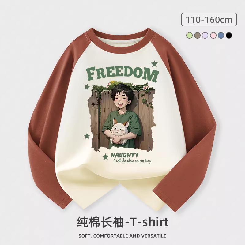 Áo thun dài tay cho bé gái chất liệu cotton nguyên chất cỡ vừa và lớn quần áo trẻ em hoạt hình anime bé gái bé trai cổ tròn mùa xuân thu áo sơ mi bé trai