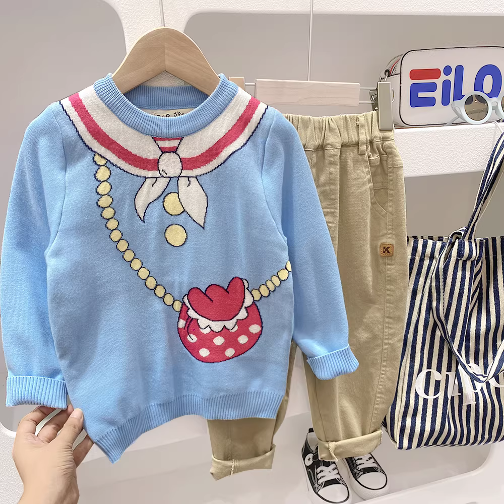 Áo len cổ tròn trẻ em, quần áo trẻ em xuân đông 2025, áo lót ấm áp họa tiết jacquard dễ thương, áo len dệt kim cotton cho bé gái