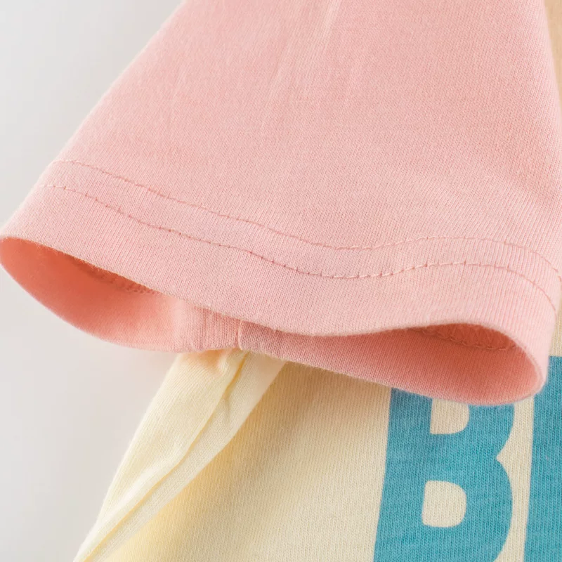 Áo thun cotton ngắn tay in hình gấu hoạt hình Hàn Quốc mùa hè 2025 cho bé gái, kiểu dáng rộng rãi, thoải mái