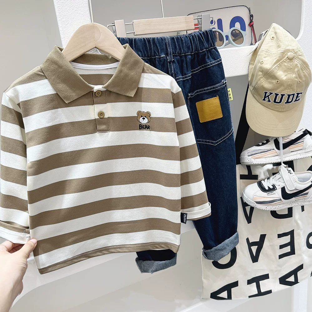 Áo sơ mi POLO bé trai áo thun dài tay xuân thu kiểu dáng mới trẻ em cổ bẻ sành điệu áo sơ mi sọc xu hướng mùa thu