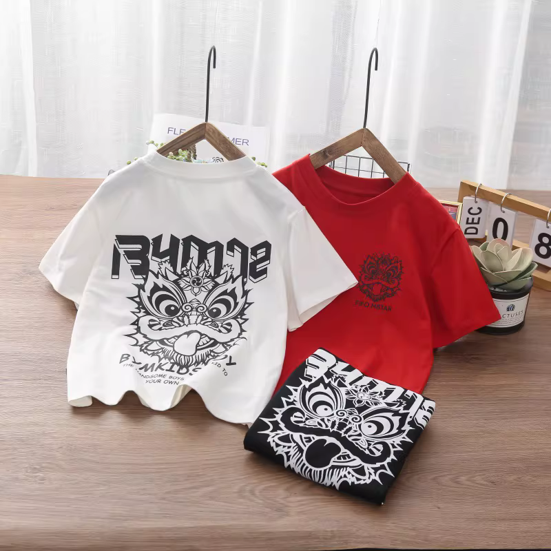 Áo thun ngắn tay trẻ em hè 2025 size trung và lớn thời trang phong cách Trung Hoa hoạt hình quần áo trẻ em rộng rãi chất liệu cotton nguyên chất dành cho bé trai