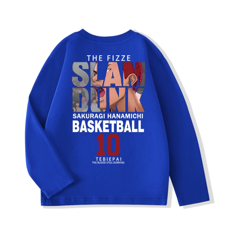 Áo thun dài tay bằng cotton nguyên chất dành cho trẻ em có thiết kế hoạt hình Slam Dunk, dáng rộng vừa vặn cho mùa xuân và mùa thu, quần áo trẻ em cỡ vừa và lớn, áo sơ mi cơ bản cho bé trai, hợp thời trang.