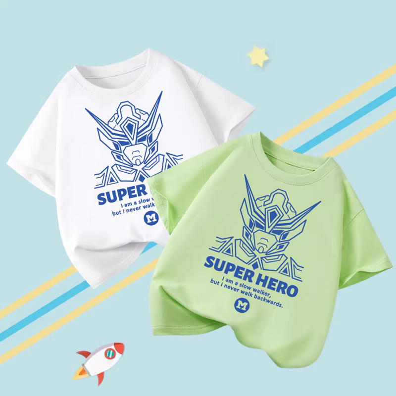Áo thun cotton ngắn tay cổ tròn cổ điển in hình robot mùa hè 2025 cho bé trai lớn, thương hiệu thời trang