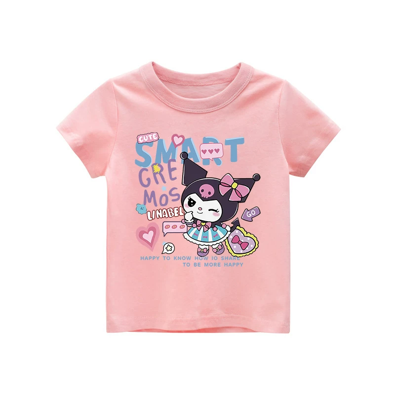 Áo thun ngắn tay 100% cotton hợp thời trang cho bé gái, kiểu dáng mỏng mùa hè, áo Kuromi thời trang cho bé gái, xu hướng quần áo trẻ em.