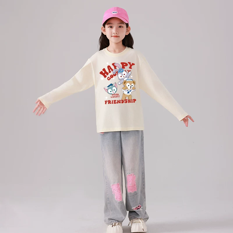 Áo thun dài tay cho bé gái, kiểu xuân thu mới, áo sơ mi cotton mỏng nguyên chất cho trẻ em cỡ vừa và lớn, trang phục mùa thu công chúa hoạt hình sành điệu cho trẻ em.