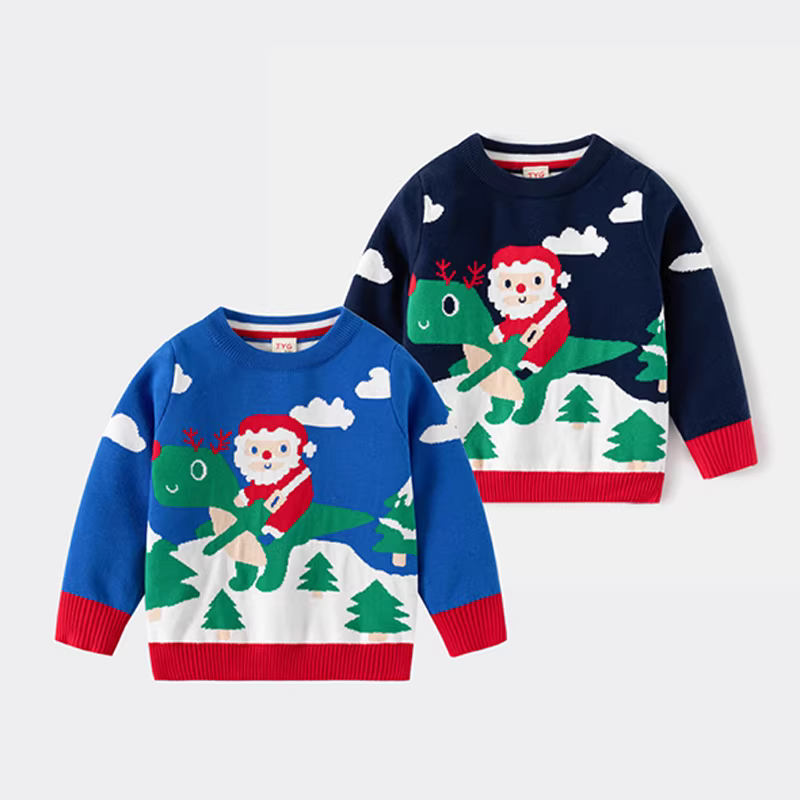 Áo len chui đầu hai lớp mùa thu đông dành cho trẻ em dành cho bé trai, áo dệt kim hình khủng long ông già Noel hoạt hình hợp thời trang dành cho trẻ em.