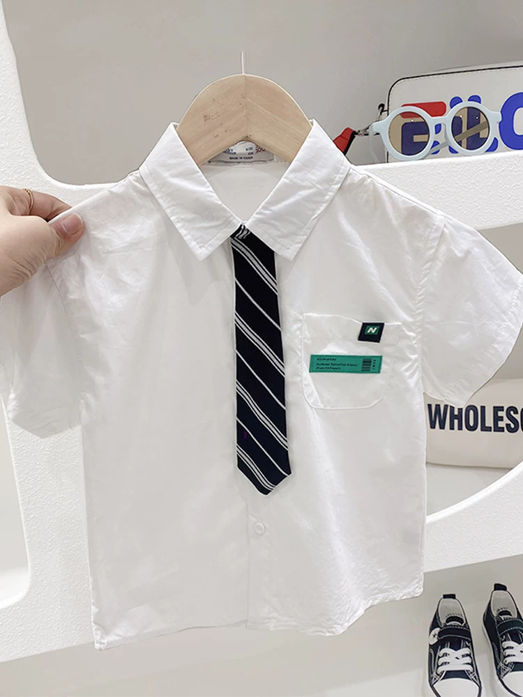 Áo sơ mi ngắn tay cho bé trai, kiểu dáng mỏng mới mùa xuân thu, cà vạt nhỏ thời trang, áo sơ mi cotton nguyên chất hợp thời trang và sành điệu dành cho trẻ nhỏ và trẻ trung bình
