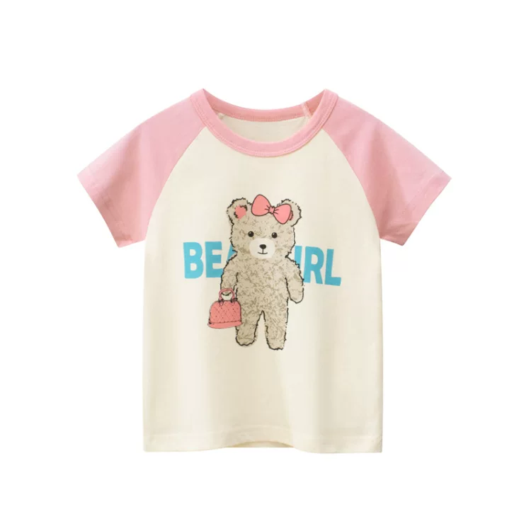 Áo thun cotton ngắn tay in hình gấu hoạt hình Hàn Quốc mùa hè 2025 cho bé gái, kiểu dáng rộng rãi, thoải mái