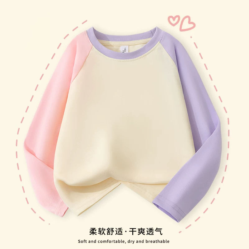 Áo thun cổ tròn dài tay cho bé gái mùa xuân thu 2025, áo thun cổ tròn tay raglan phối màu cho bé gái chất liệu cotton nguyên chất