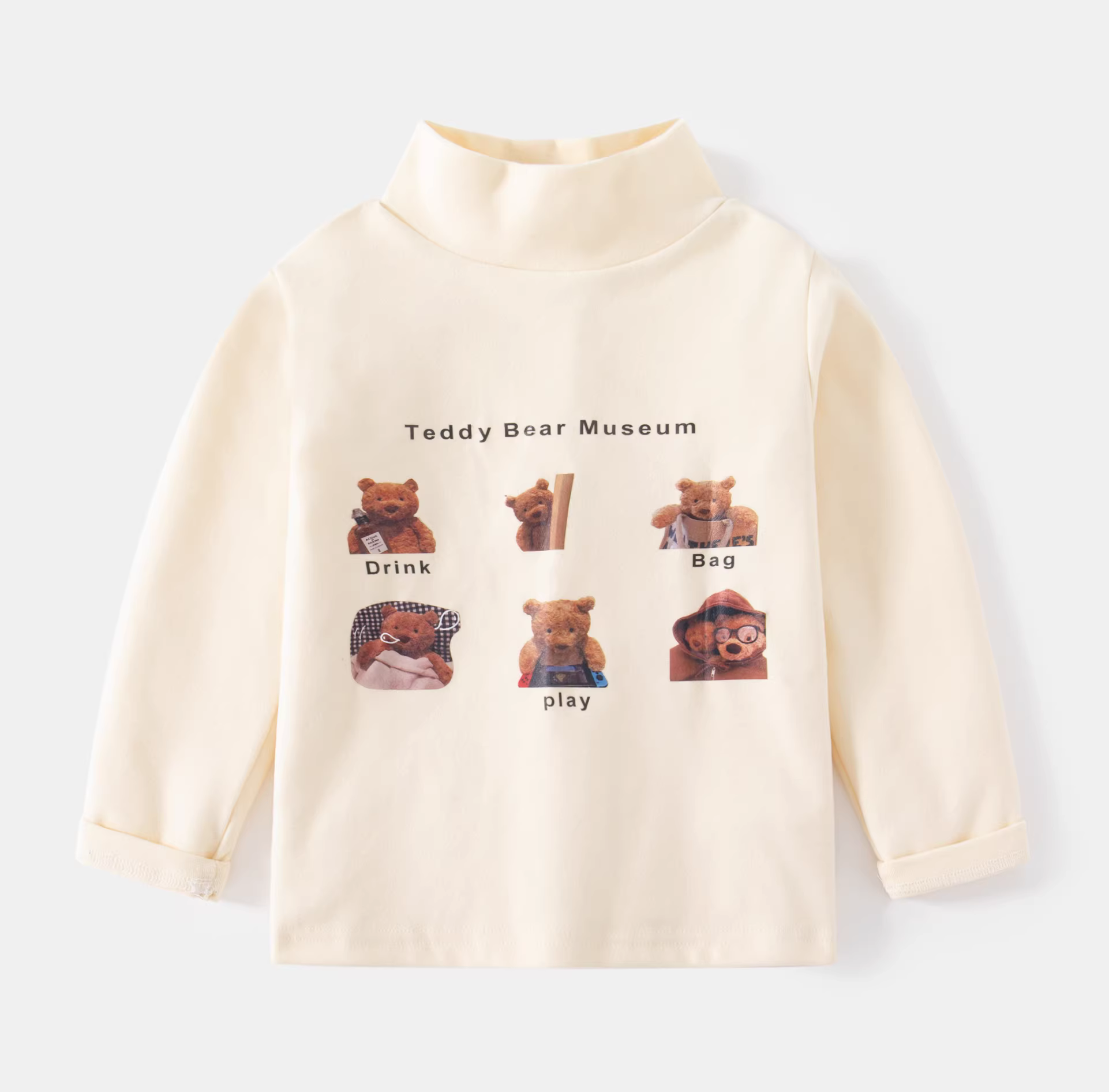 Áo thun dài tay cổ cao cho trẻ em, phong cách Hàn Quốc và Nhật Bản, thiết kế hình gấu hoạt hình mùa xuân đông, áo lót bé trai, áo lót giữ nhiệt cho bé 2