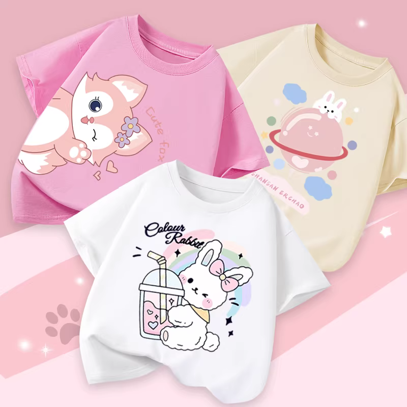Áo thun ngắn tay bé gái 2025 mẫu mới dễ thương in hình quần áo trẻ em gái chất liệu cotton nguyên chất thấm hút mồ hôi thoáng khí cổ tròn