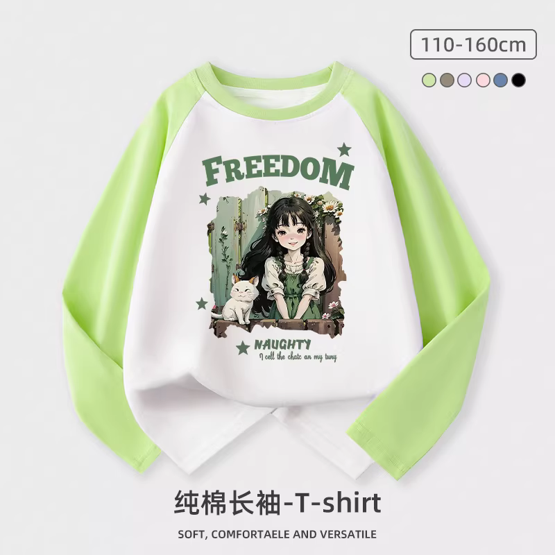 Áo thun dài tay cho bé gái chất liệu cotton nguyên chất cỡ vừa và lớn quần áo trẻ em hoạt hình anime bé gái bé trai cổ tròn mùa xuân thu áo sơ mi bé trai