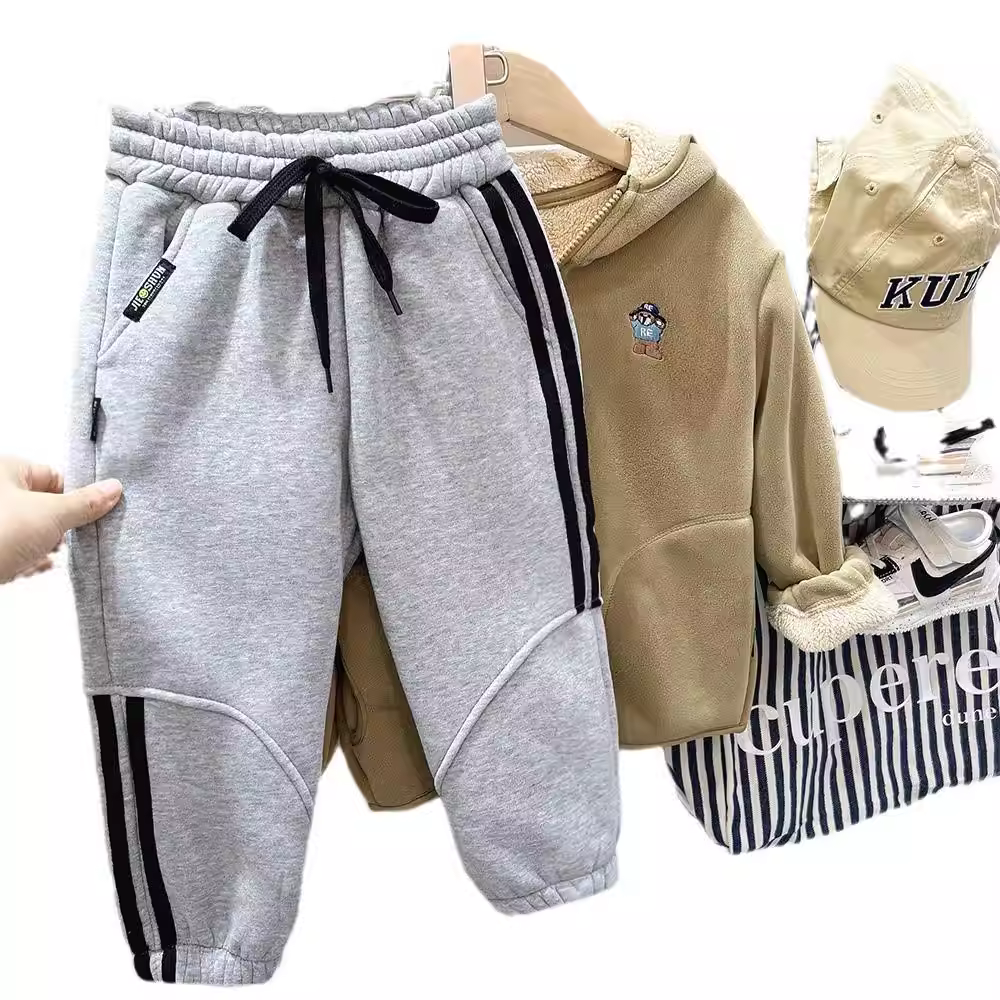 Quần trẻ em, quần thể thao, kiểu dáng mùa đông, quần áo bé trai, lót lông cừu, dày dặn, quần cotton ấm áp, sành điệu, dành cho trẻ lớn, quần thể thao, quần dài