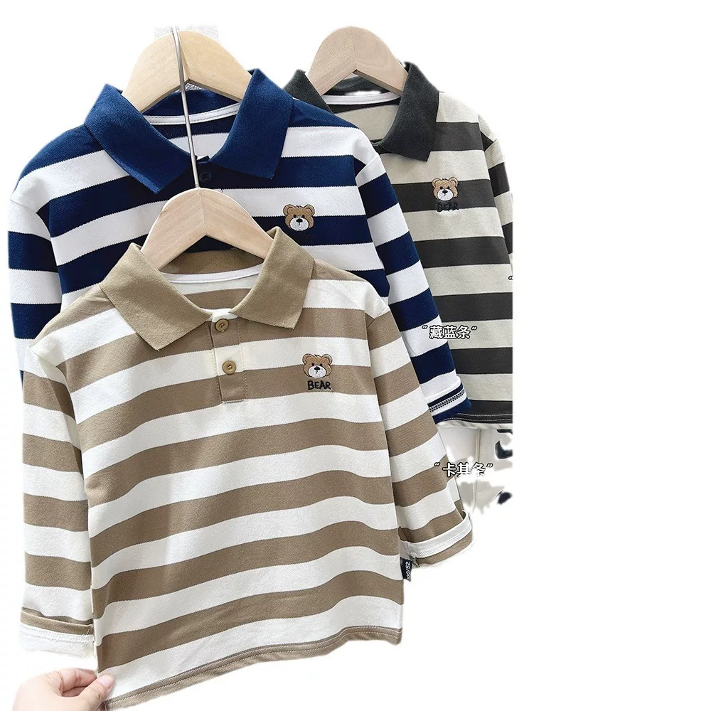 Áo sơ mi POLO bé trai áo thun dài tay xuân thu kiểu dáng mới trẻ em cổ bẻ sành điệu áo sơ mi sọc xu hướng mùa thu