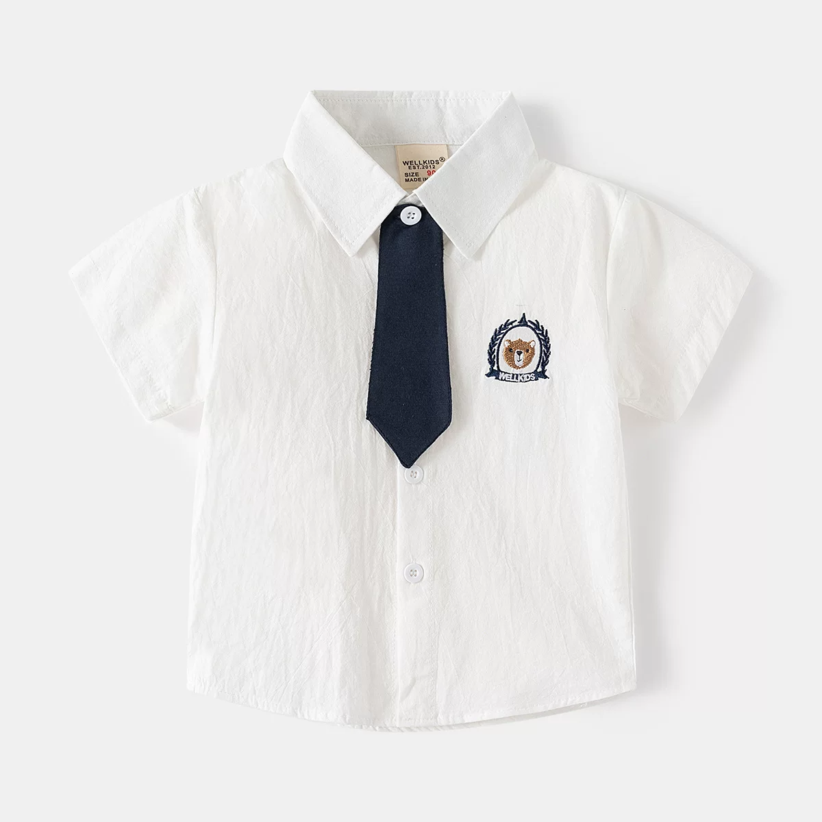 Áo sơ mi ngắn tay có cà vạt nhỏ cho bé trai mùa hè phong cách preppy thời trang trẻ em hoạt hình áo sơ mi mỏng có cổ bằng vải cotton nguyên chất