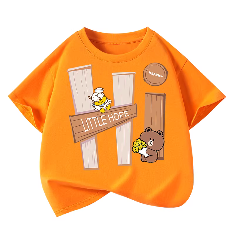Áo thun ngắn tay Little Hope chất liệu cotton nguyên chất cho bé trai, quần áo mùa hè trẻ em 2025, quần áo trẻ em cho bé trai lớn hơn, họa tiết gấu hoạt hình, thoáng khí