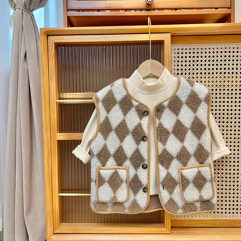 Áo len kẻ caro xuân đông trẻ em 2025 kiểu Hàn Quốc mới, áo gile đa năng mùa xuân đông cho bé trai và bé gái