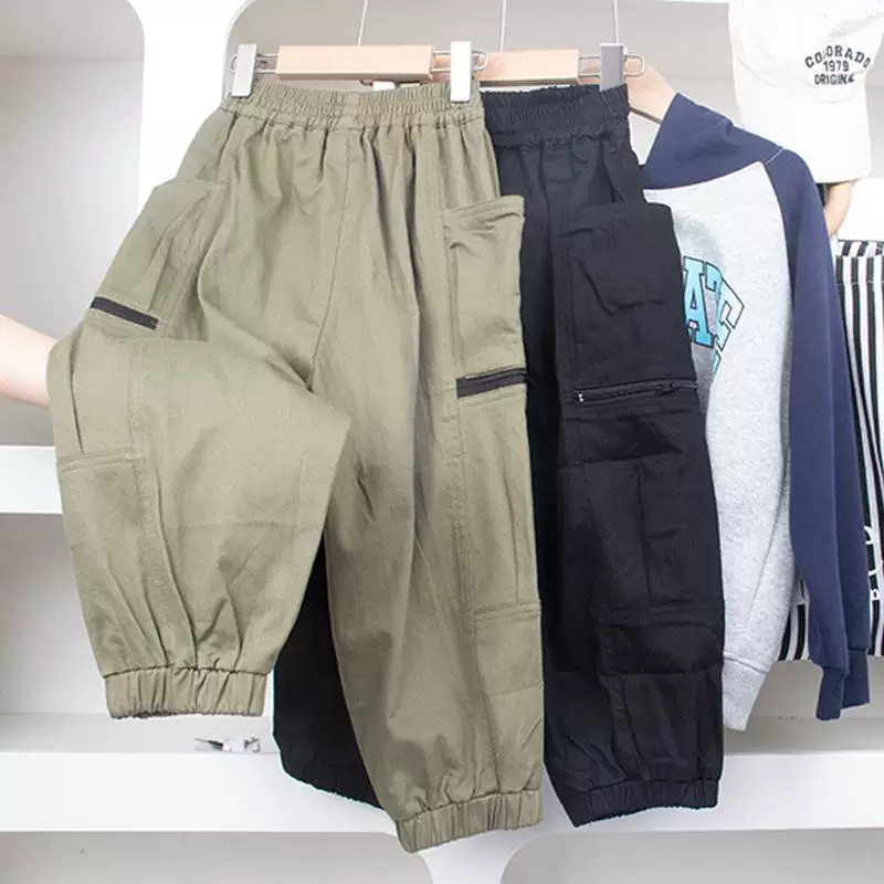 Quần cargo túi lớn cho bé trai, quần cotton dệt thông thường, kiểu dáng xuân thu mới, quần dài rộng rãi cho trẻ lớn, kiểu dáng thời thượng.