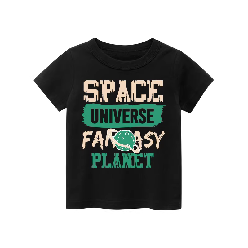 Áo thun ngắn tay cotton nguyên chất hợp thời trang cho bé trai, kiểu dáng mỏng mùa hè có chữ hành tinh vũ trụ, phong cách Hàn Quốc dành cho bé trai.