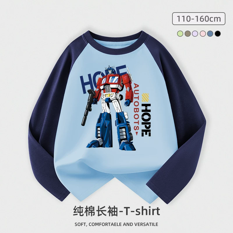 Áo thun dài tay cho bé trai, chất liệu cotton nguyên chất, kiểu dáng xuân thu, áo lót trẻ em, áo robot hoạt hình cho bé trai, quần áo thời trang cho trẻ lớn.