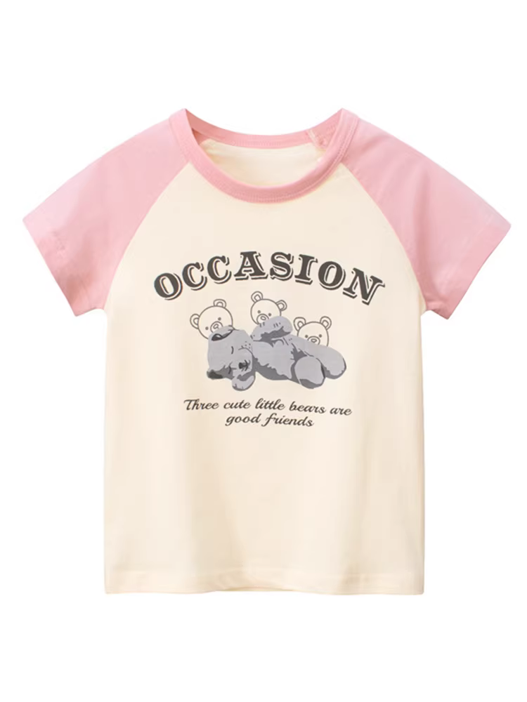 Quần áo mùa hè ngắn tay cổ tròn cho bé gái, phong cách Hàn Quốc 2025, áo thun nửa tay mỏng họa tiết hoạt hình thời trang cho trẻ nhỏ.