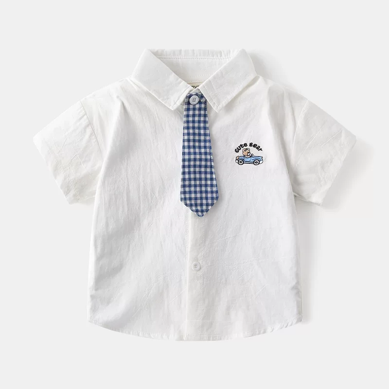 Áo sơ mi ngắn tay có cà vạt nhỏ cho bé trai mùa hè phong cách preppy thời trang trẻ em hoạt hình áo sơ mi mỏng có cổ bằng vải cotton nguyên chất