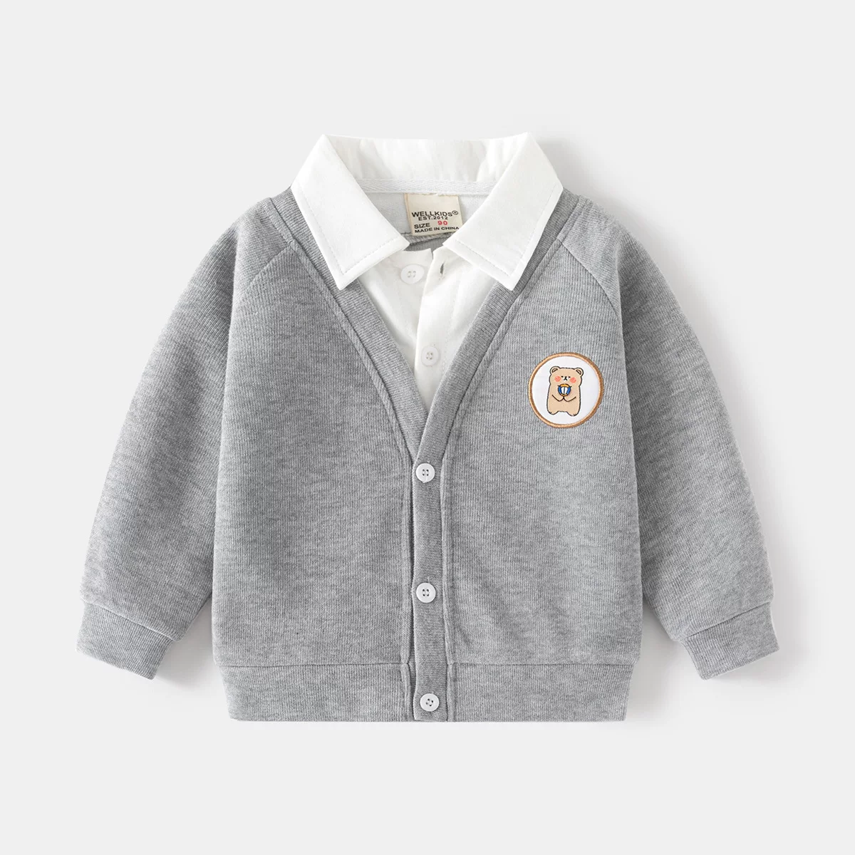 Áo khoác giả hai mảnh dành cho trẻ em, áo len cardigan mềm mại không mũ trùm đầu kiểu Hàn Quốc mới thời trang mùa xuân dành cho bé trai, hợp thời trang