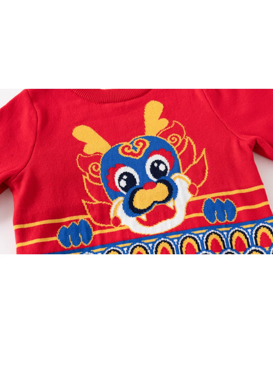 Quần áo trẻ em Áo len năm mới hai lớp màu đỏ mùa xuân đông kiểu mới Áo len bé trai Áo len bé gái dễ thương năm con Rồng Áo trẻ em