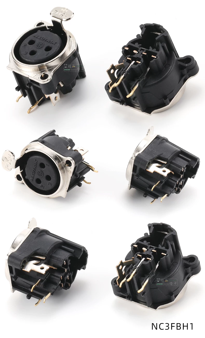 NC3FBH1 Đầu nối XLR ba lõi Neutrik loại cái, mặt bích kim loại H2, lắp đặt PCB ngang cho bộ khuếch đại