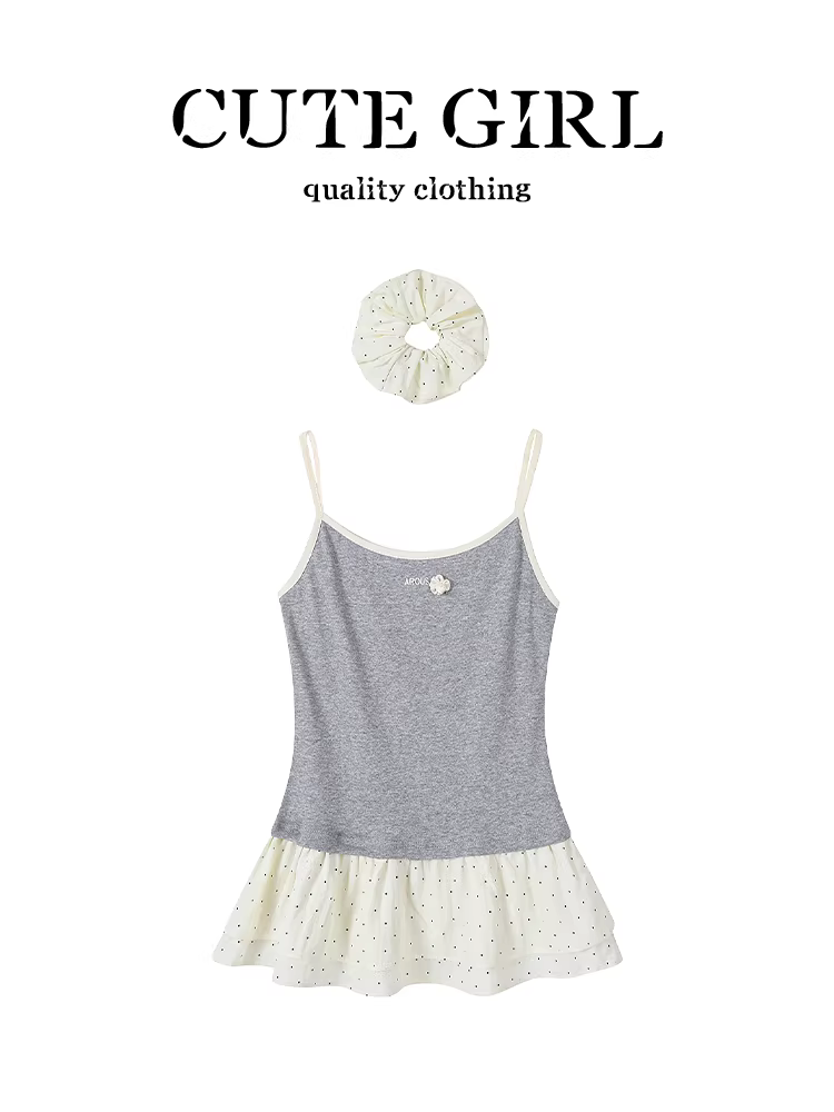 CuteGirl Áo yếm kiểu Hàn Quốc có viền chấm bi xếp nếp kiểu vá vá kiểu váy mùa hè kiểu dáng ôm sát kiểu váy dành cho nữ
