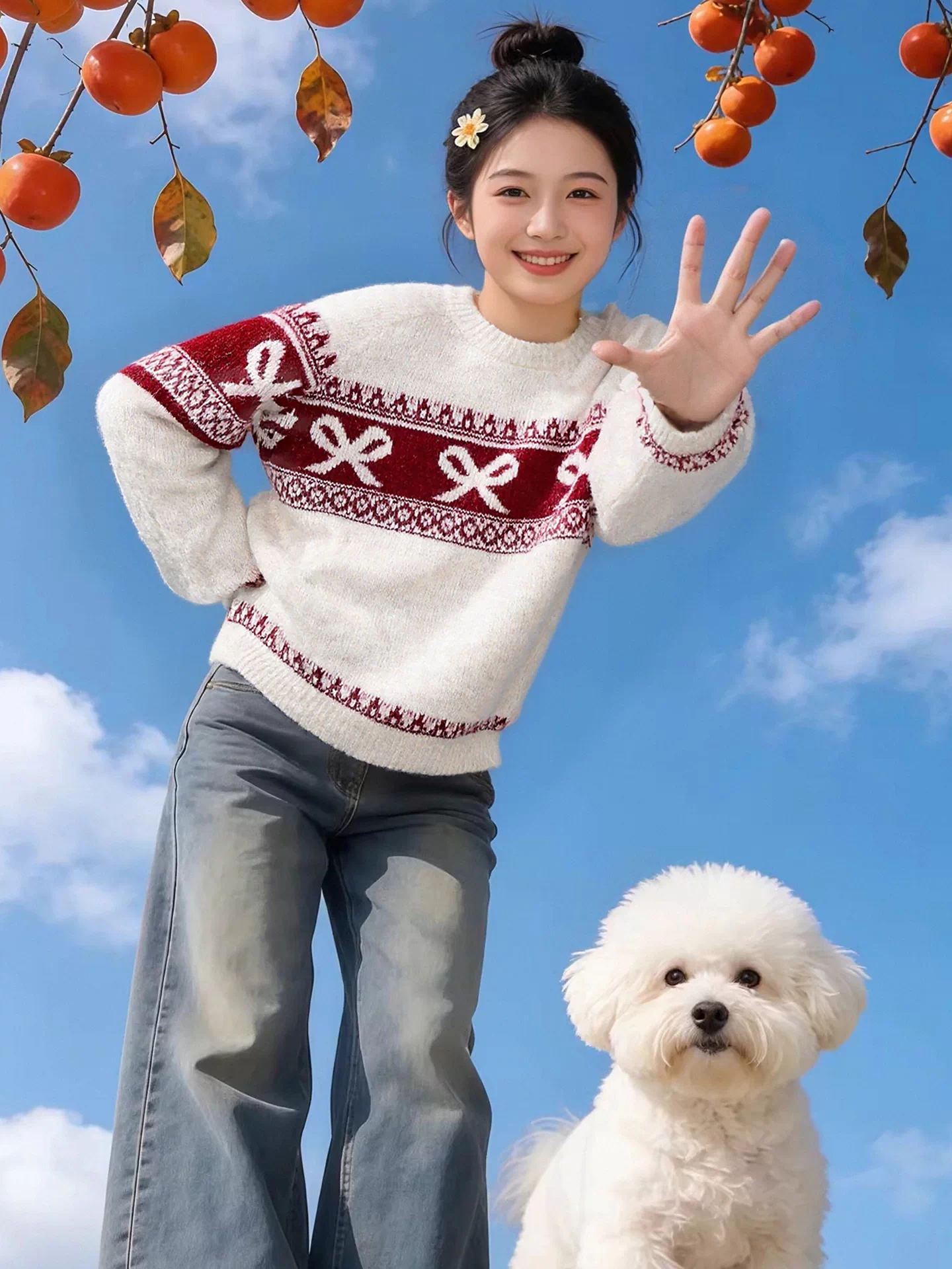 Áo len jacquard màu đỏ Fair Isle phong cách Hàn Quốc dành cho nữ, mùa đông, thanh lịch, dáng rộng, giản dị, đa năng, mềm mại và ấm cúng