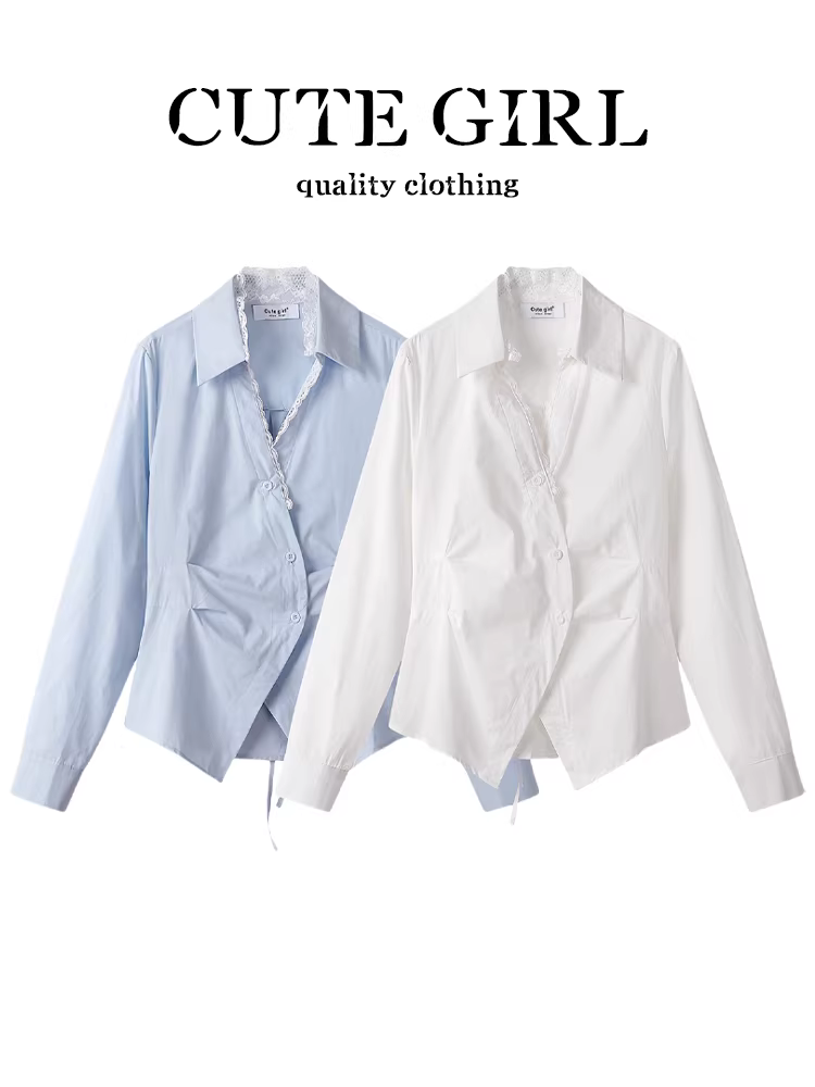 Áo sơ mi trắng cổ chữ V phối ren phong cách Hàn Quốc dễ thương dành cho nữ, áo kiểu dáng bất đối xứng mùa xuân giúp thon gọn eo