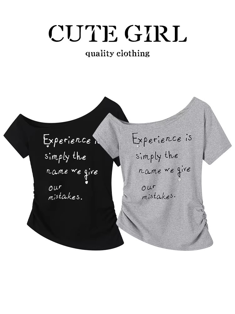Áo thun ngắn tay một vai in chữ phong cách Hàn Quốc CuteGirl dành cho nữ, áo trễ vai dáng ôm mùa hè