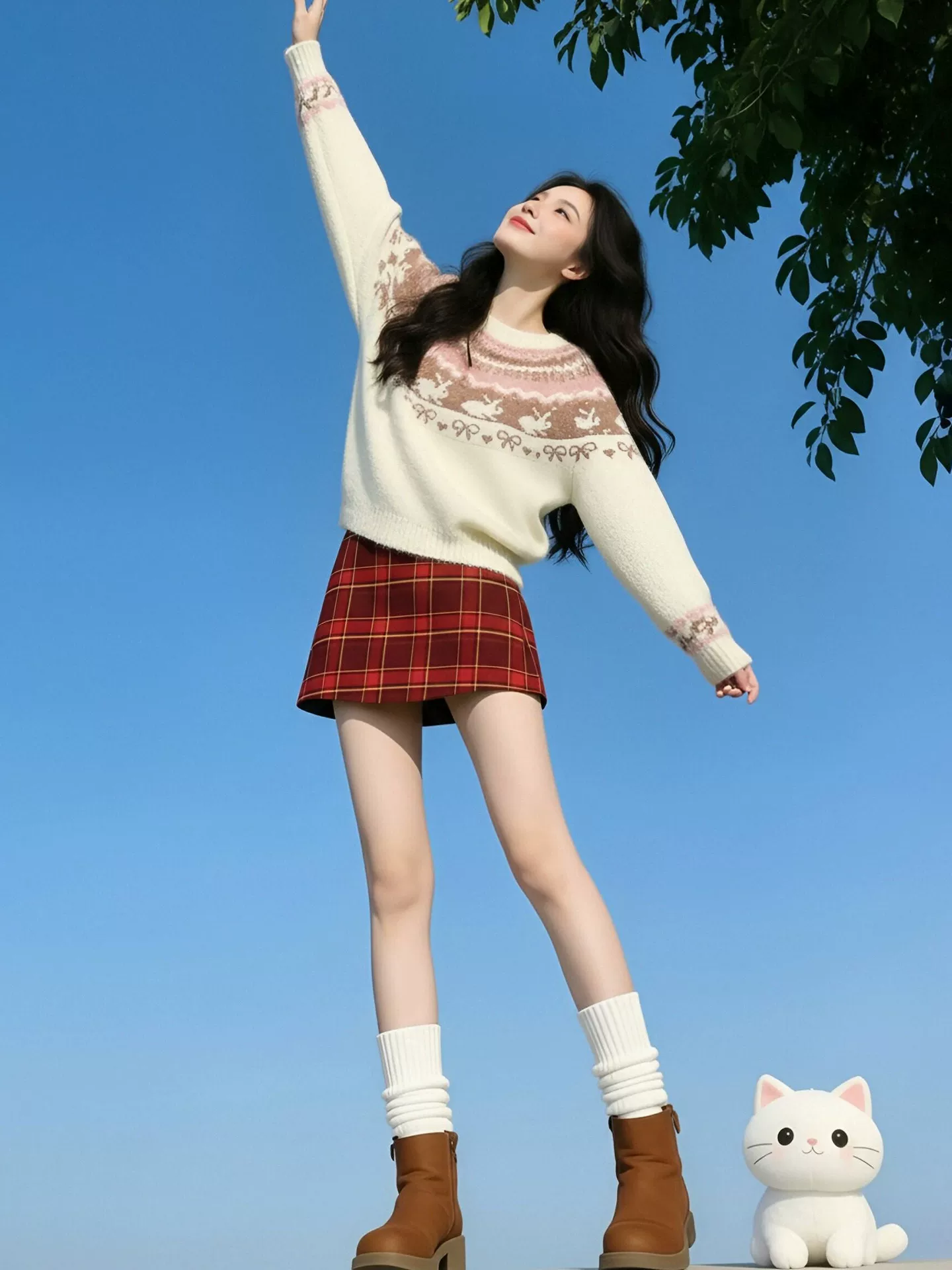 Áo len Fair Isle màu trắng lấy cảm hứng từ thiết kế CuteGirl với họa tiết thỏ jacquard dành cho nữ, áo dệt kim sành điệu và trẻ trung cho mùa đông.