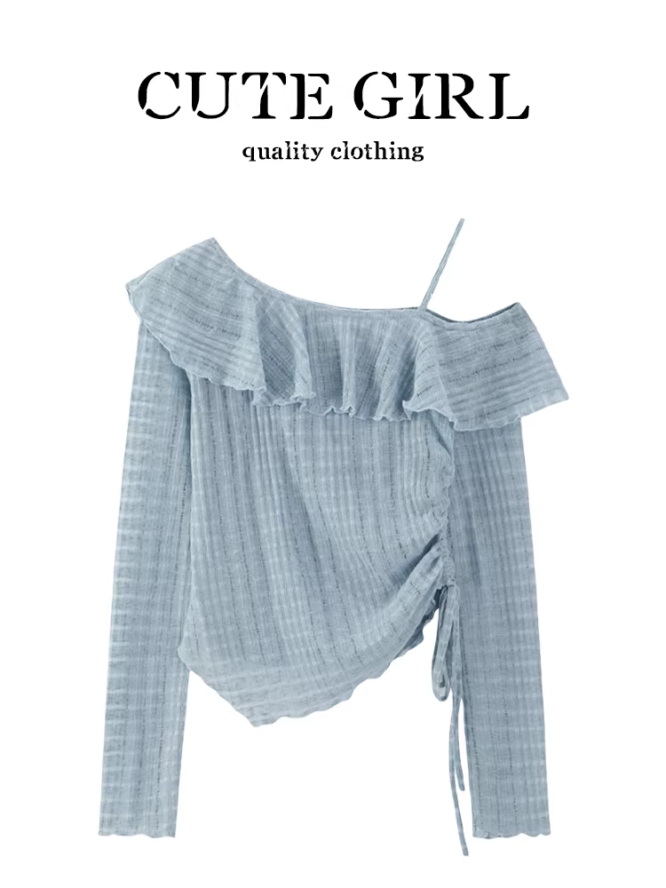 Áo thun dài tay trễ vai phong cách Hàn Quốc dễ thương dành cho nữ, áo thun dài tay có dây rút eo thon gọn hợp thời trang