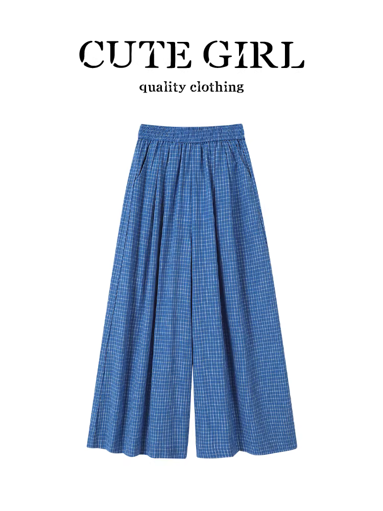 Quần ống rộng lưng cao kẻ sọc xanh cổ điển Hàn Quốc CuteGirl dành cho nữ, quần ống rộng thông thường thoáng khí mùa hè đa năng
