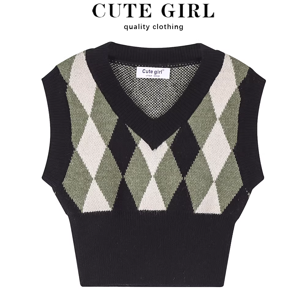 Áo len dệt kim cổ chữ V họa tiết kim cương CuteGirl dành cho nữ, kiểu mới mùa xuân thu 2025, áo ngắn phối lớp