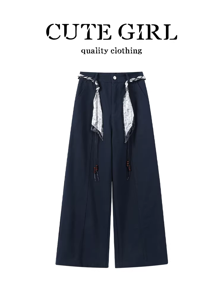 Quần ống rộng lưng cao CuteGirl dành cho nữ, phong cách lười biếng mùa thu, dáng rộng và đa năng, quần ống thẳng mềm mại
