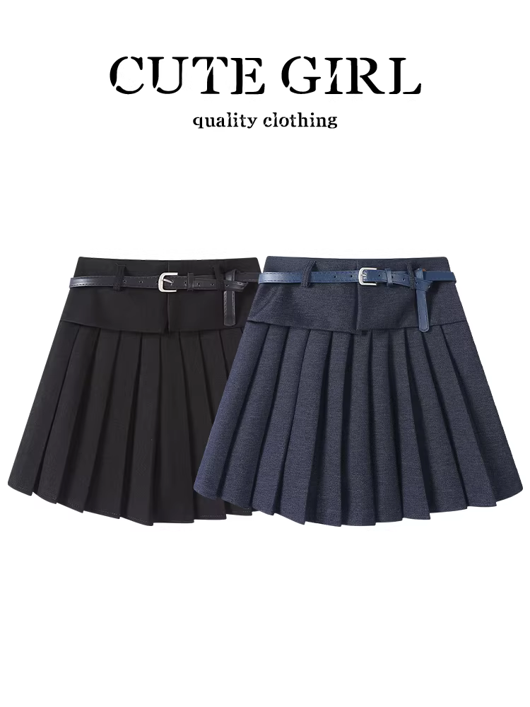 Váy xếp ly lưng cao phong cách Hàn Quốc dành cho nữ, váy chữ A chống lộ giảm tuổi mùa thu có thắt lưng