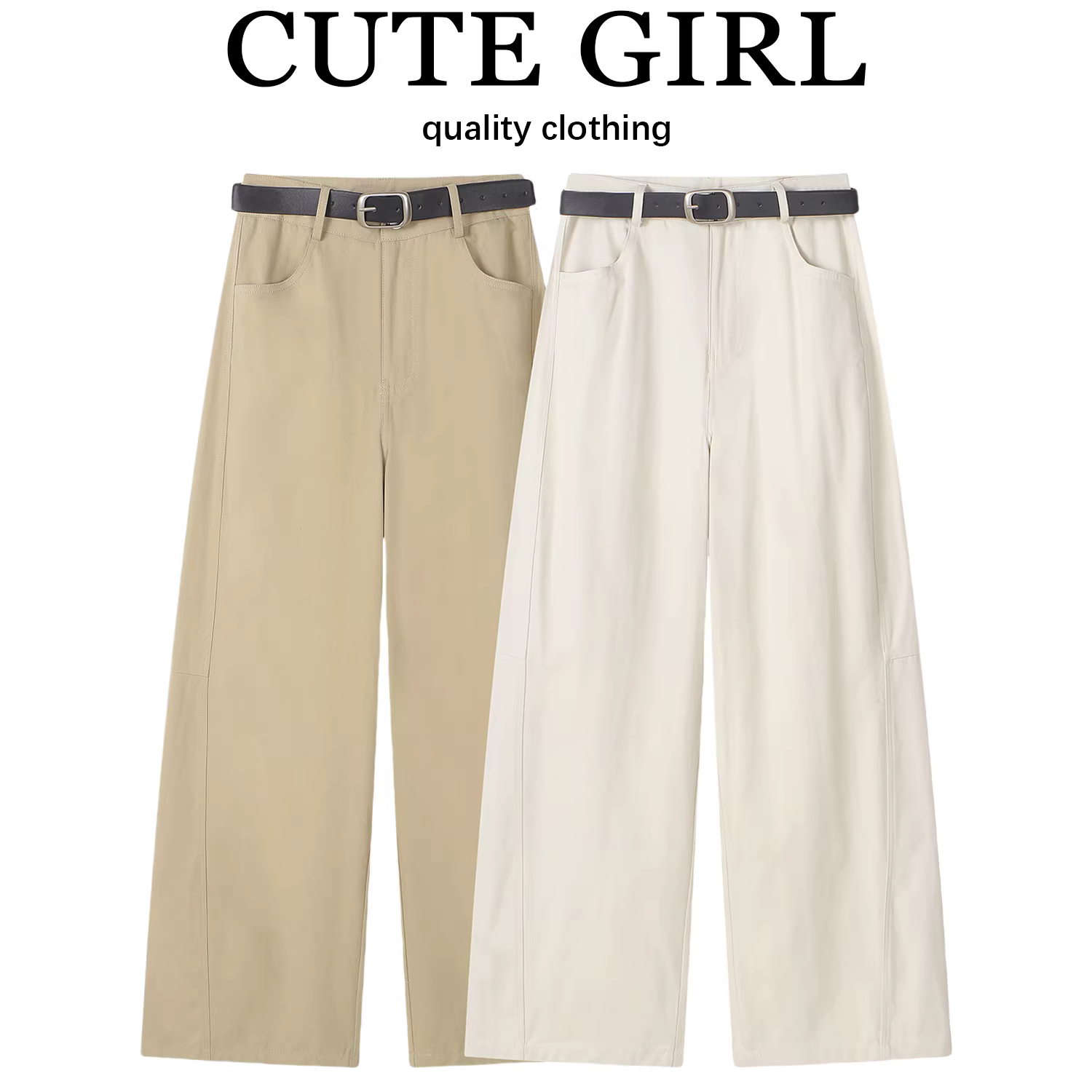 Quần ống rộng lưng cao kiểu cổ điển màu mơ của CuteGirl dành cho nữ, quần ống rộng dáng rộng dáng rộng mùa thu đông