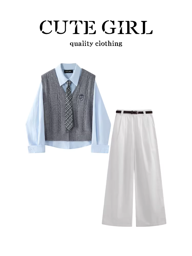 Bộ trang phục giảm tuổi tác CuteGirl dành cho nữ mùa thu đông: cà vạt xanh, áo sơ mi, áo ghi lê, quần ống rộng thường ngày