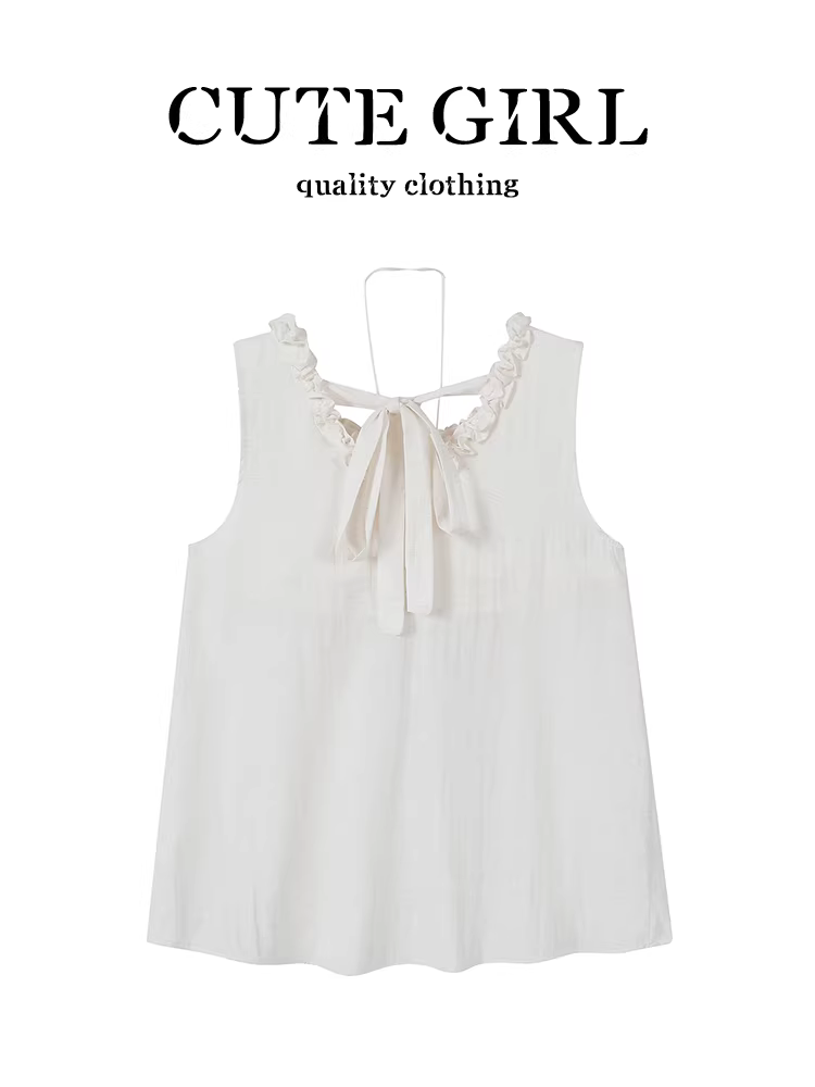 Áo yếm hở lưng ren xếp nếp phong cách Hàn Quốc dễ thương dành cho nữ, áo không tay thiết kế độc đáo mùa hè