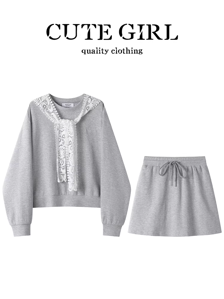 Bộ trang phục giảm tuổi tác CuteGirl dành cho nữ mùa thu: áo len phối khăn choàng ren màu xám và váy chữ A hai mảnh