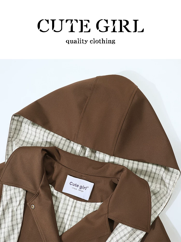 Áo khoác dài có mũ trùm đầu màu nâu phong cách preppy của CuteGirl dành cho nữ, thiết kế mùa thu, áo khoác rộng rãi và đa năng, giảm tuổi tác