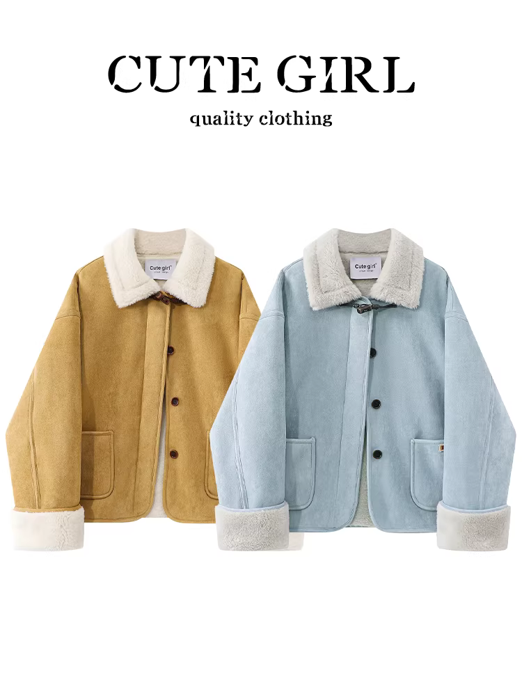 Áo khoác tích hợp lông cừu phong cách CuteGirl dành cho nữ, mùa thu đông, dáng nhỏ nhắn, dáng rộng, đa năng, áo khoác lót lông cừu